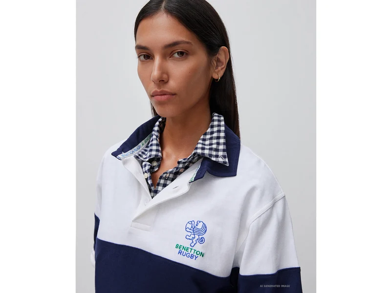 Weißes und blaues Benetton Rugby-Poloshirt, 100 % Baumwolle