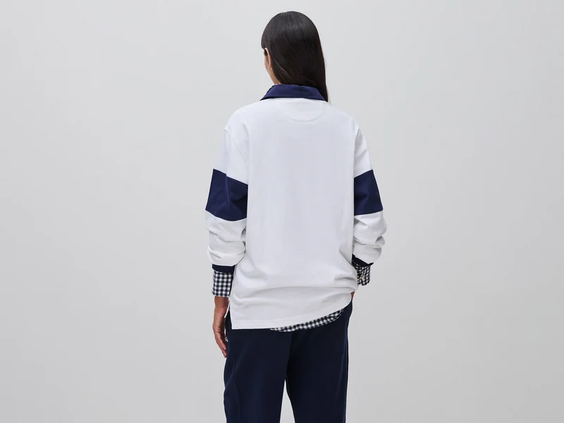 Weißes und blaues Benetton Rugby-Poloshirt, 100 % Baumwolle