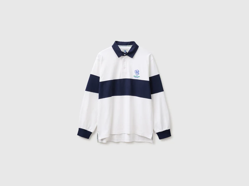 Weißes und blaues Benetton Rugby-Poloshirt, 100 % Baumwolle