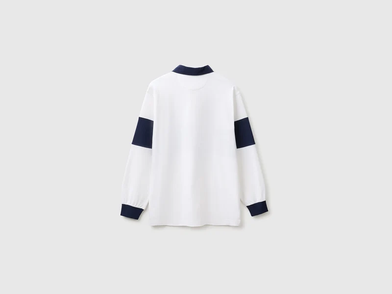 Weißes und blaues Benetton Rugby-Poloshirt, 100 % Baumwolle