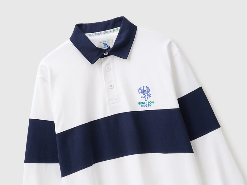 Weißes und blaues Benetton Rugby-Poloshirt, 100 % Baumwolle