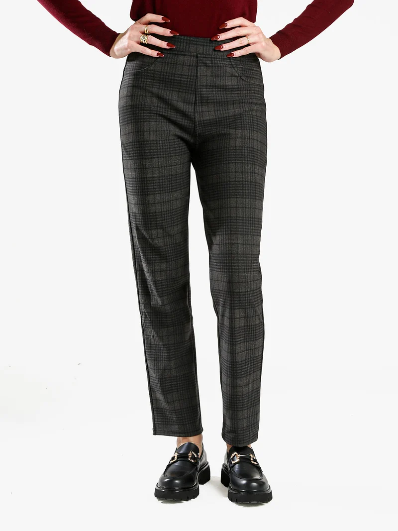 Leggings donna in pied de poule con interno in pile - grigio scuro