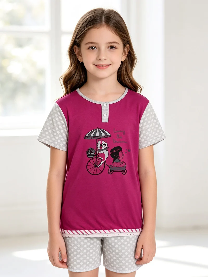 Pigiama corto in cotone da bambina - fucsia