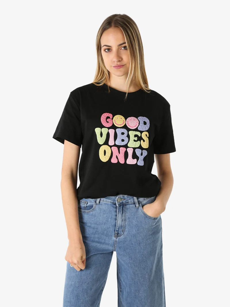 T-shirt donna in cotone con stampa colorate - nero