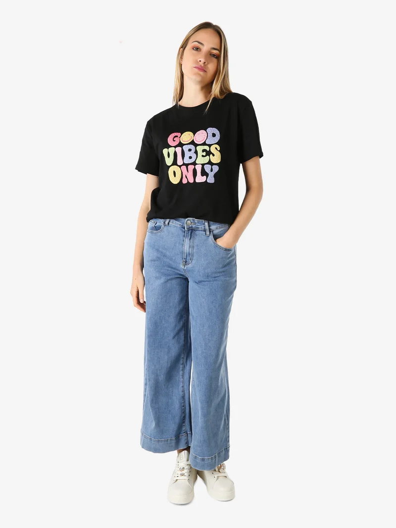 T-shirt donna in cotone con stampa colorate - nero