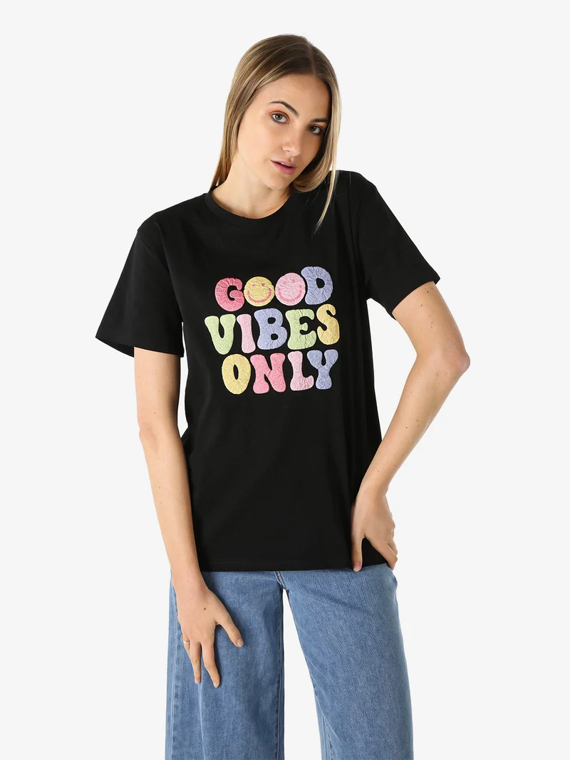 T-shirt donna in cotone con stampa colorate - nero