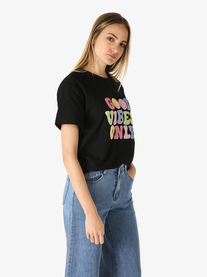 T-shirt donna in cotone con stampa colorate - nero