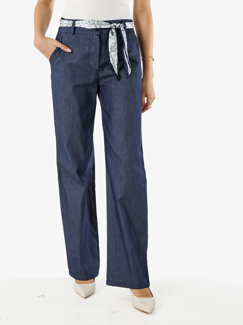 Pantaloni donna in cotone a gamba dritta con cintura a foulard -blu