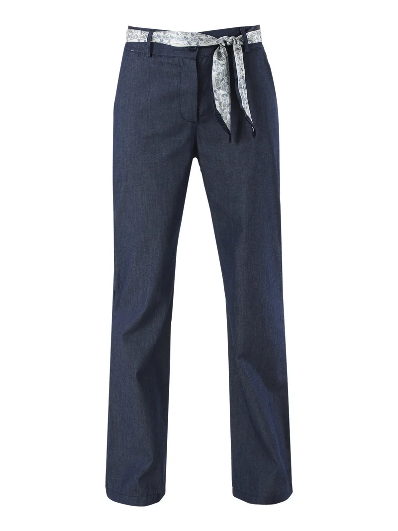 Pantaloni donna in cotone a gamba dritta con cintura a foulard -blu