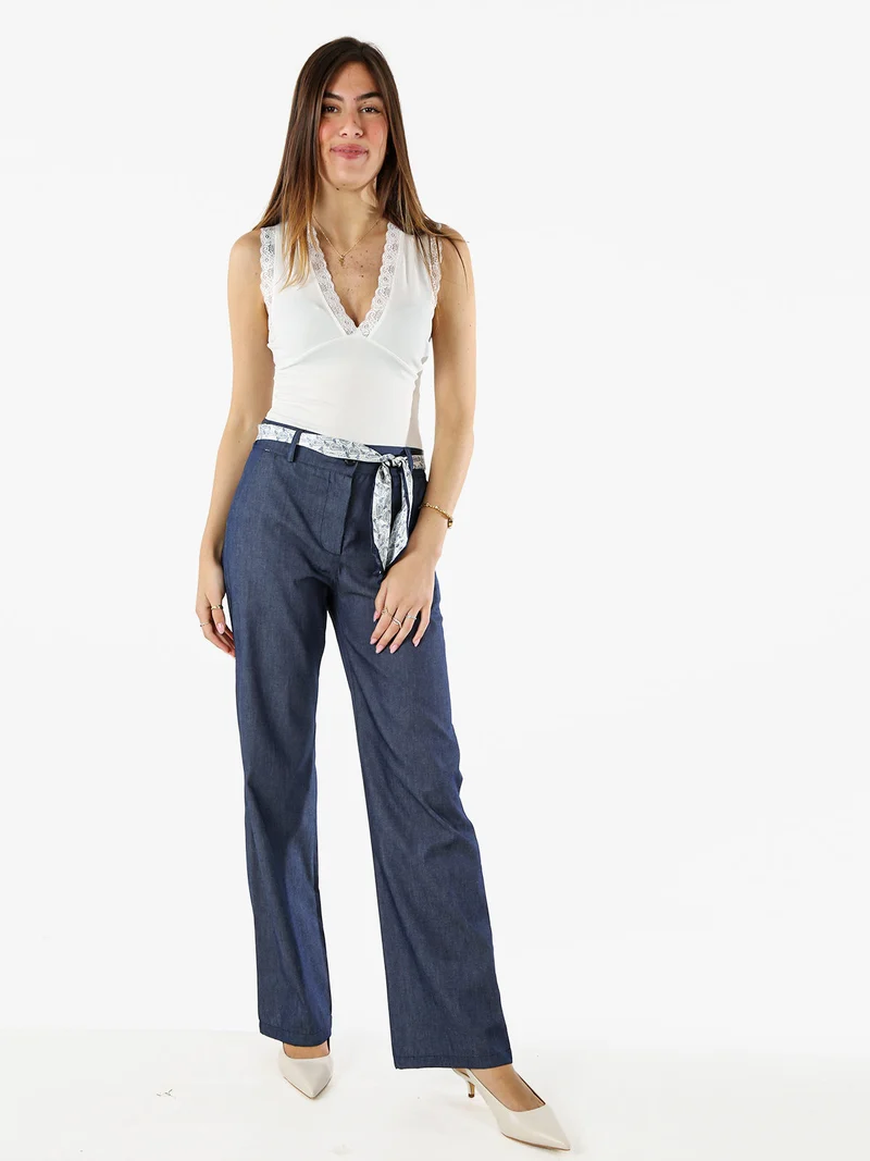 Pantaloni donna in cotone a gamba dritta con cintura a foulard -blu