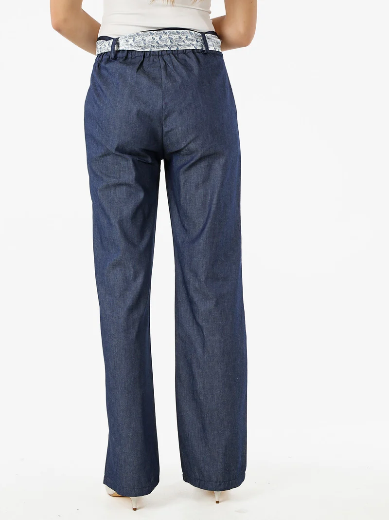 Pantaloni donna in cotone a gamba dritta con cintura a foulard -blu