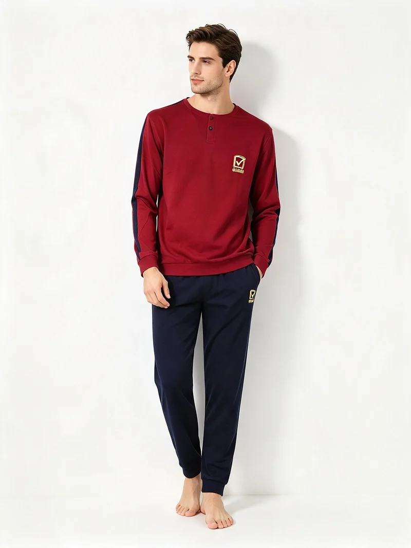 Pigiama lungo da uomo in caldo cotone con logo - bordeaux