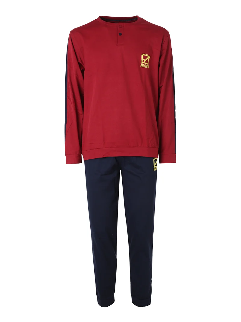 Pigiama lungo da uomo in caldo cotone con logo - bordeaux
