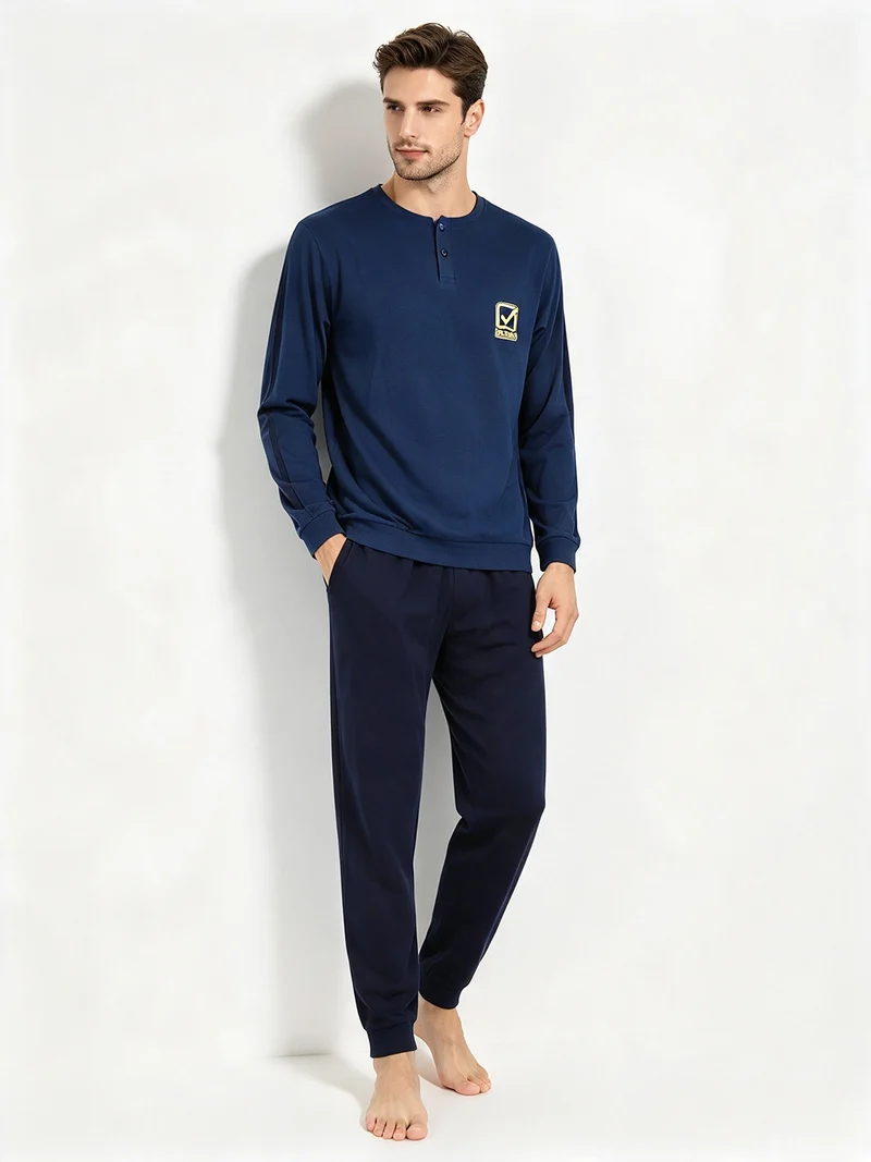 Pigiama lungo da uomo in caldo cotone con logo - blu