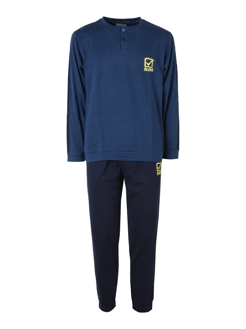 Pigiama lungo da uomo in caldo cotone con logo - blu
