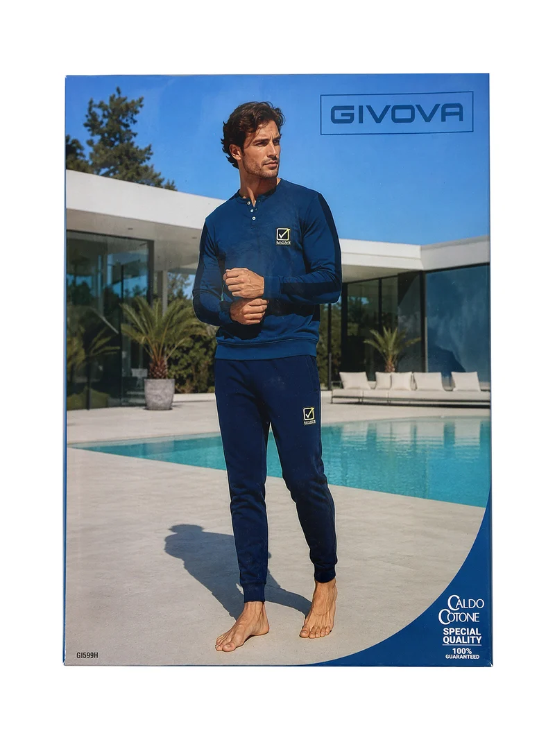 Pigiama lungo da uomo in caldo cotone con logo - blu