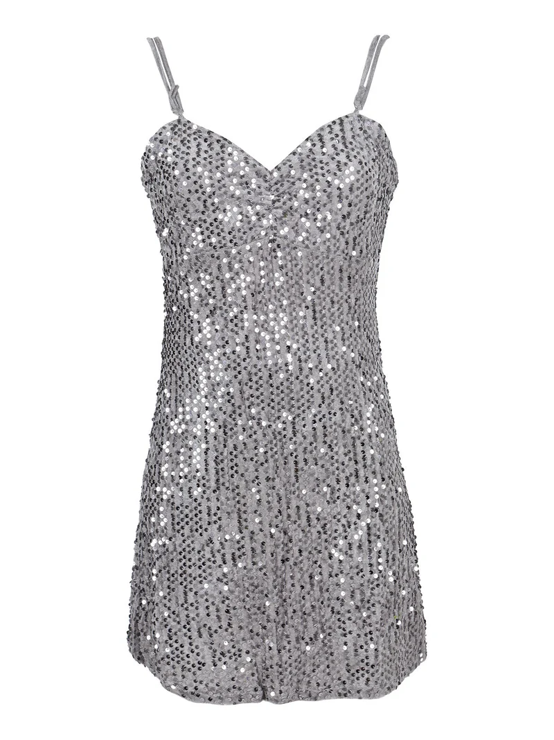 Vestito donna midi in ciniglia con paillettes e spalline sottili - grigio