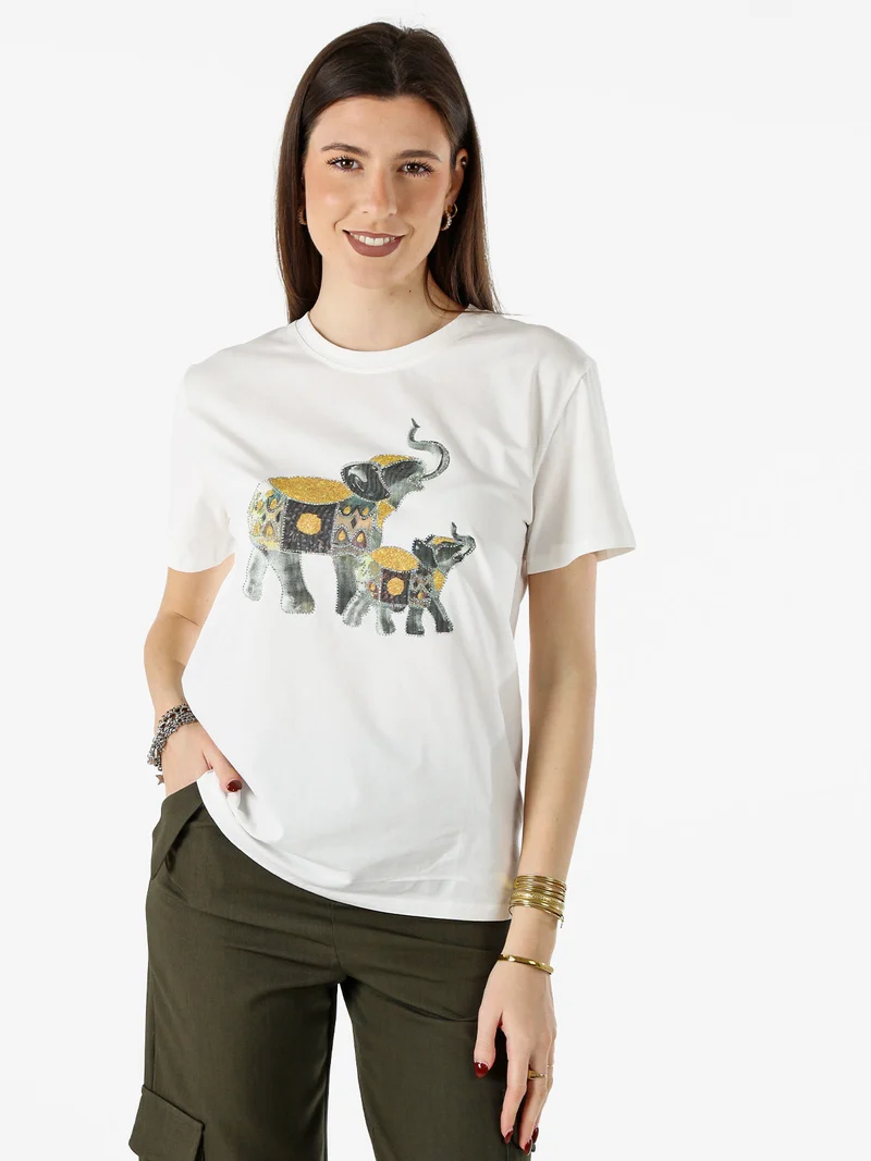 T-shirt donna in cotone con stampa e strass - giallo
