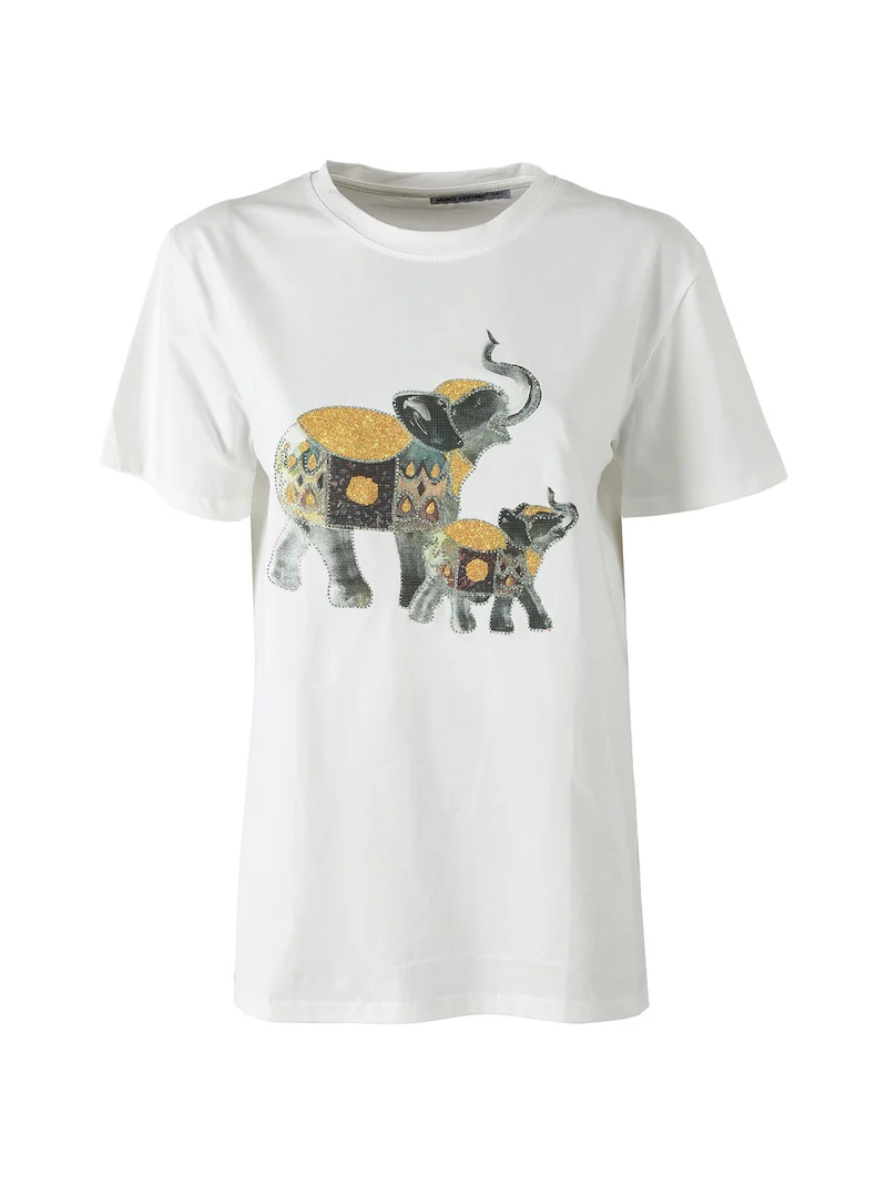 T-shirt donna in cotone con stampa e strass - giallo