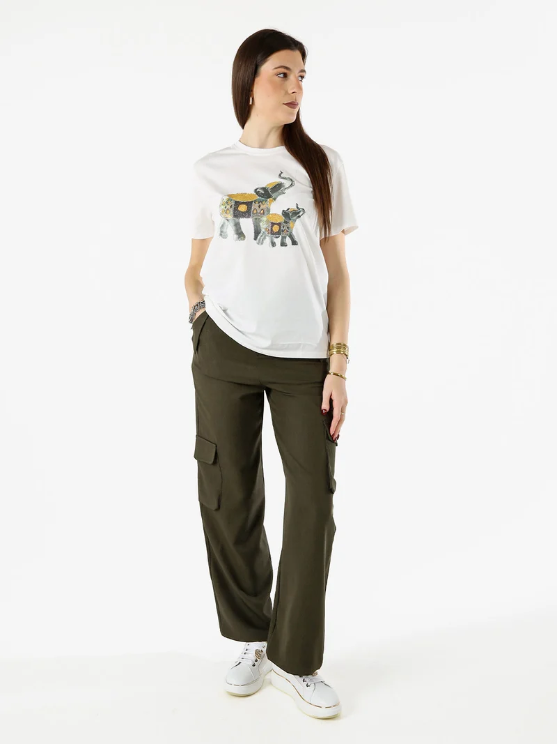 T-shirt donna in cotone con stampa e strass - giallo