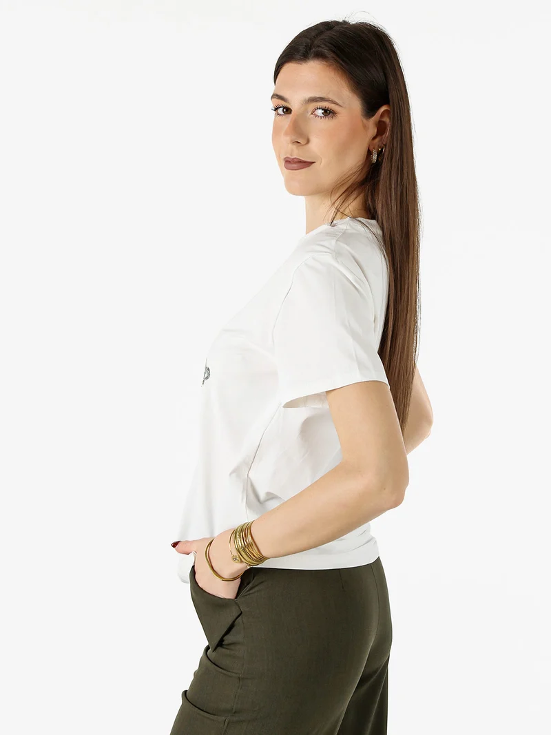 T-shirt donna in cotone con stampa e strass - giallo