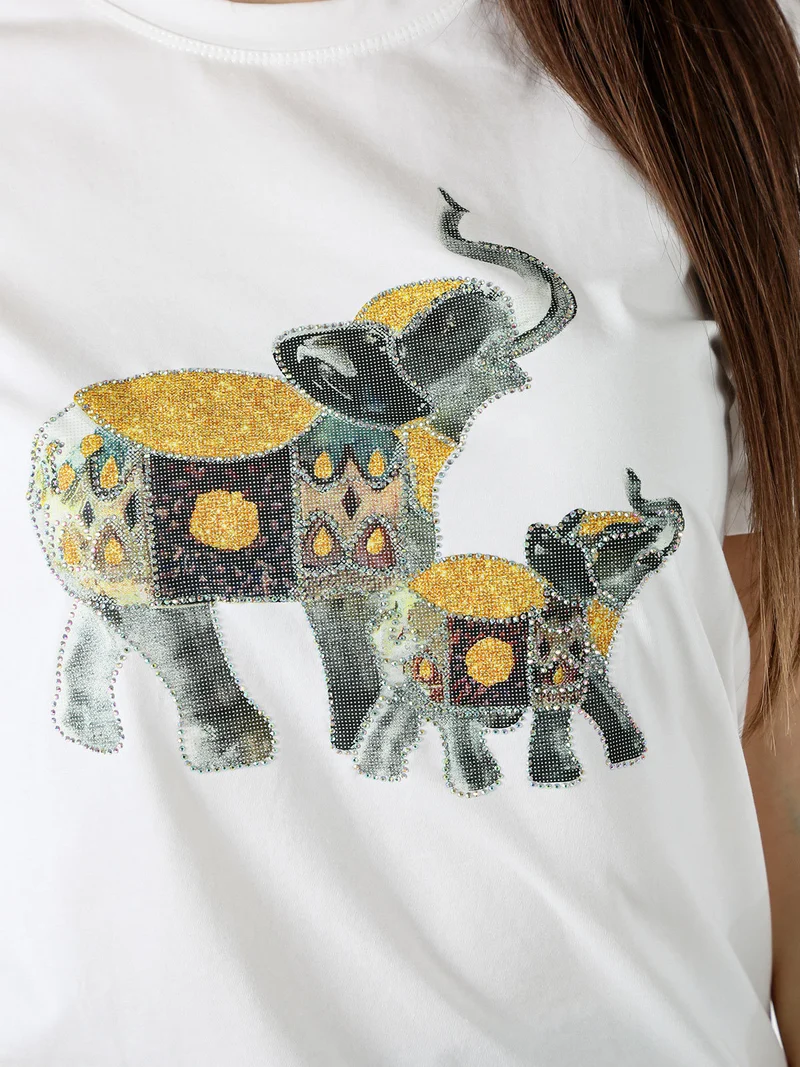 T-shirt donna in cotone con stampa e strass - giallo