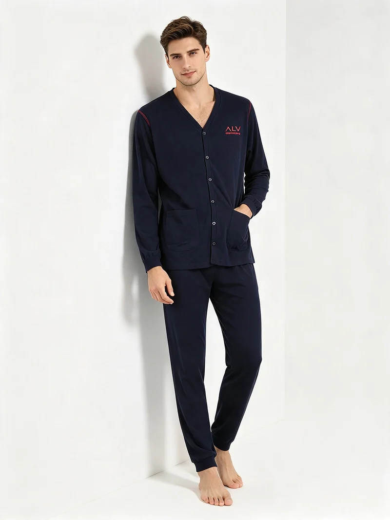 Pigiama lungo da uomo aperto con bottoni in caldo cotone soft - blu scuro