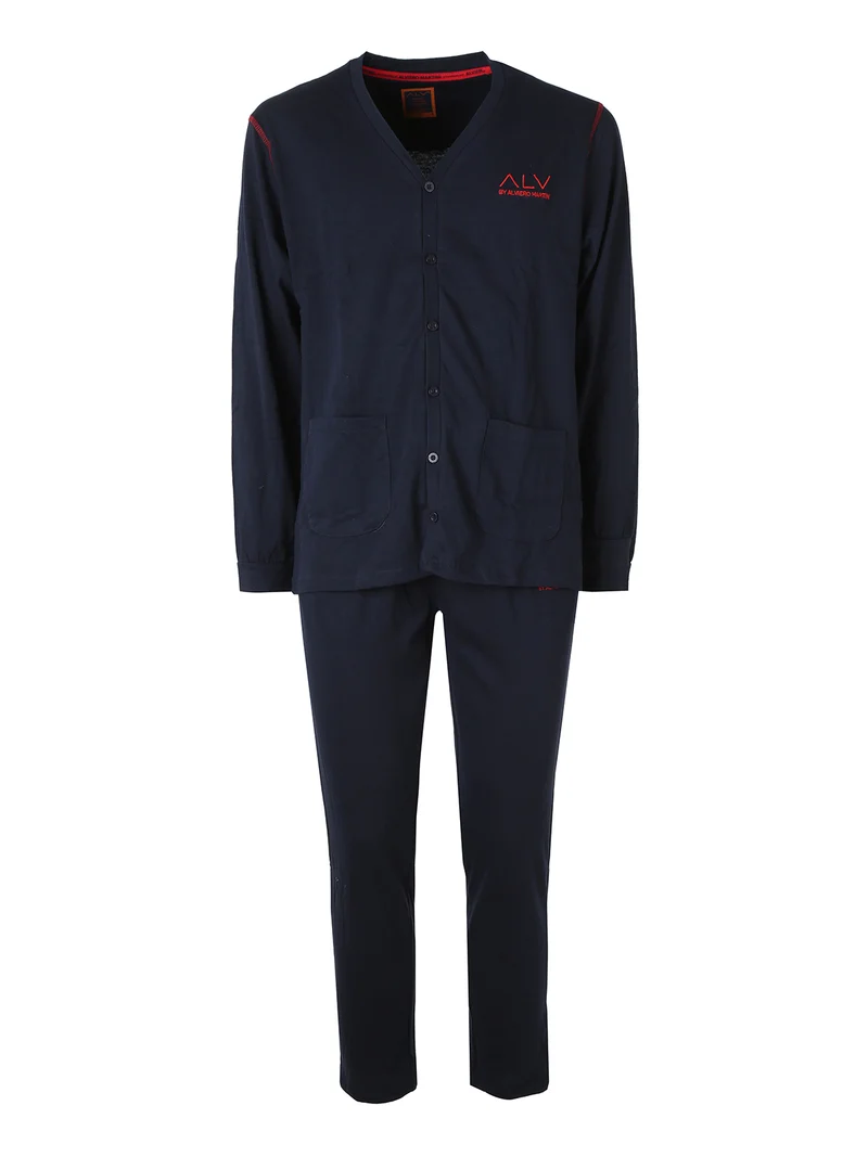 Pigiama lungo da uomo aperto con bottoni in caldo cotone soft - blu scuro