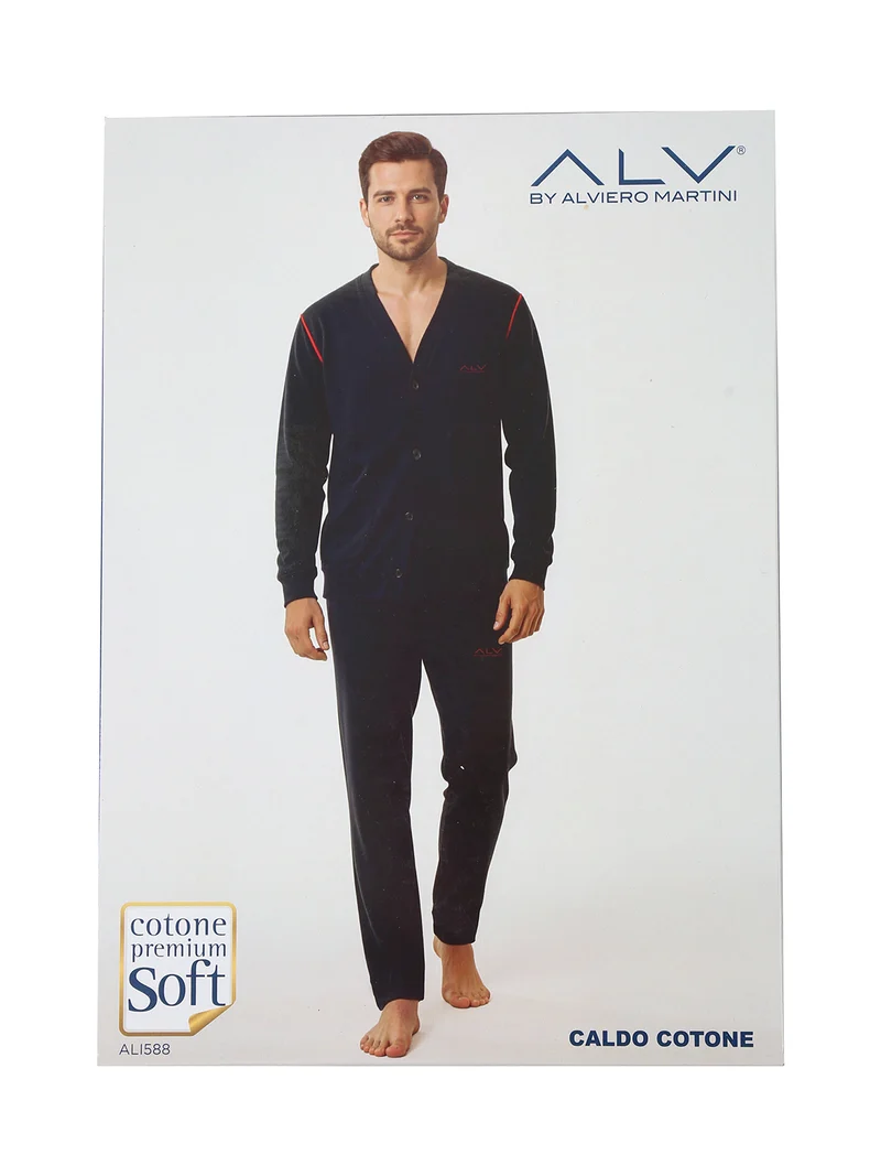 Pigiama lungo da uomo aperto con bottoni in caldo cotone soft - blu scuro