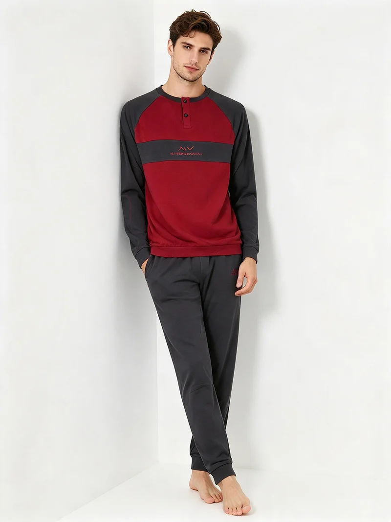 Pigiama lungo da uomo in caldo cotone soft con scollo tondo - bordeaux