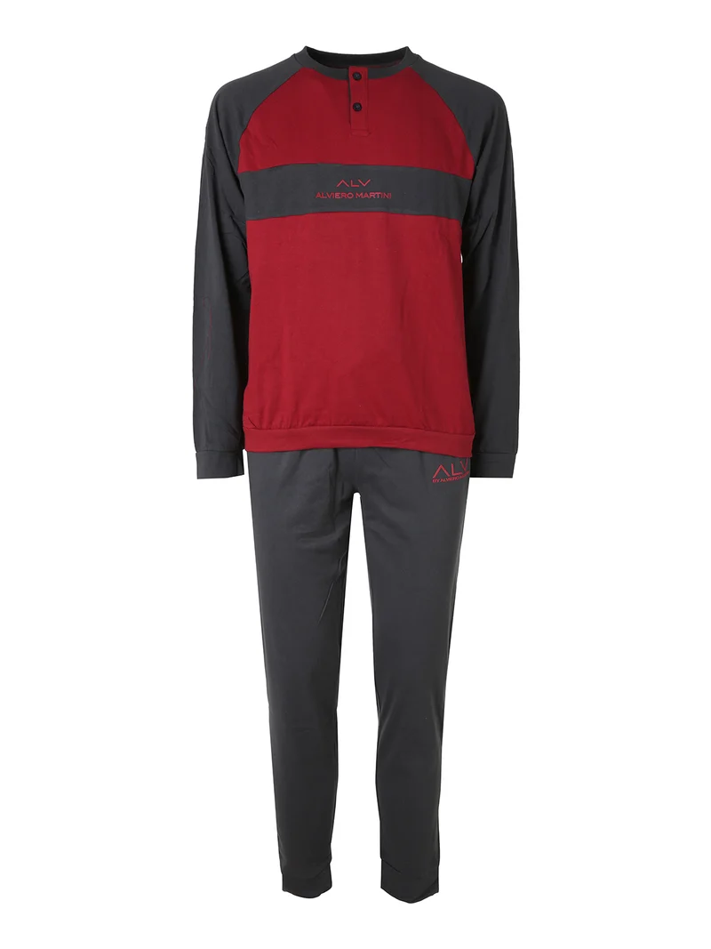 Pigiama lungo da uomo in caldo cotone soft con scollo tondo - bordeaux