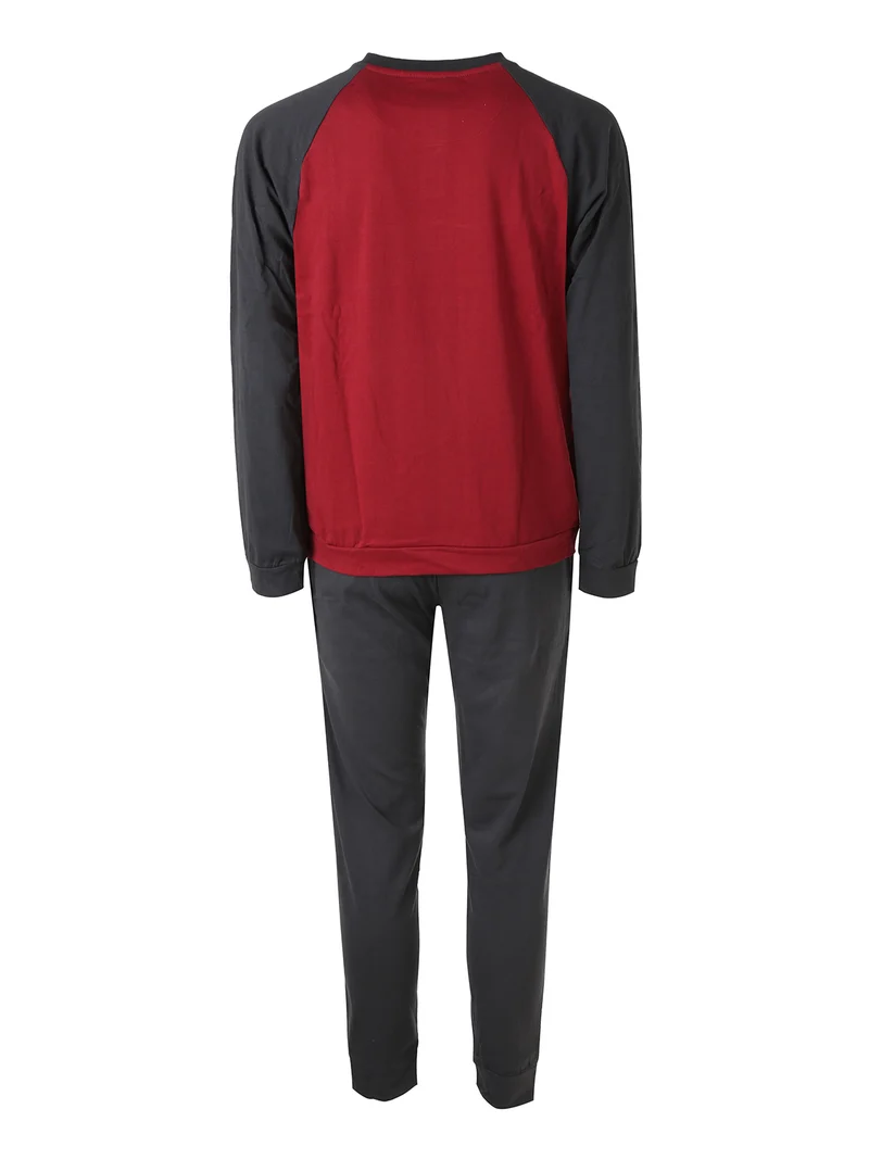Pigiama lungo da uomo in caldo cotone soft con scollo tondo - bordeaux