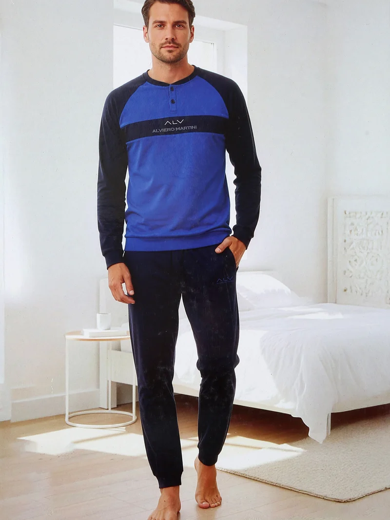 Pigiama lungo da uomo in caldo cotone soft con scollo tondo - avion