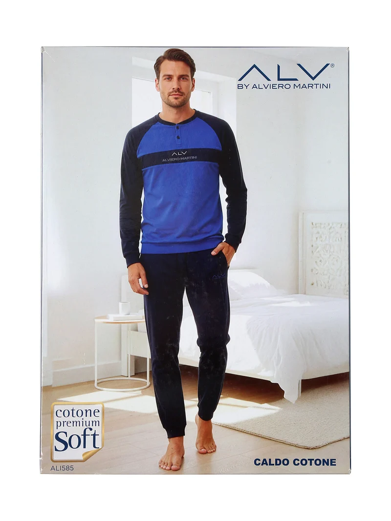 Pigiama lungo da uomo in caldo cotone soft con scollo tondo - avion