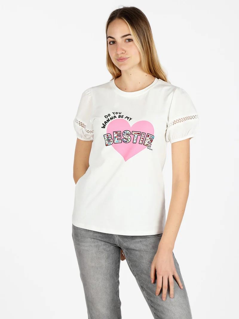T-shirt donna con stampa cuore e pietre colorate - bianco