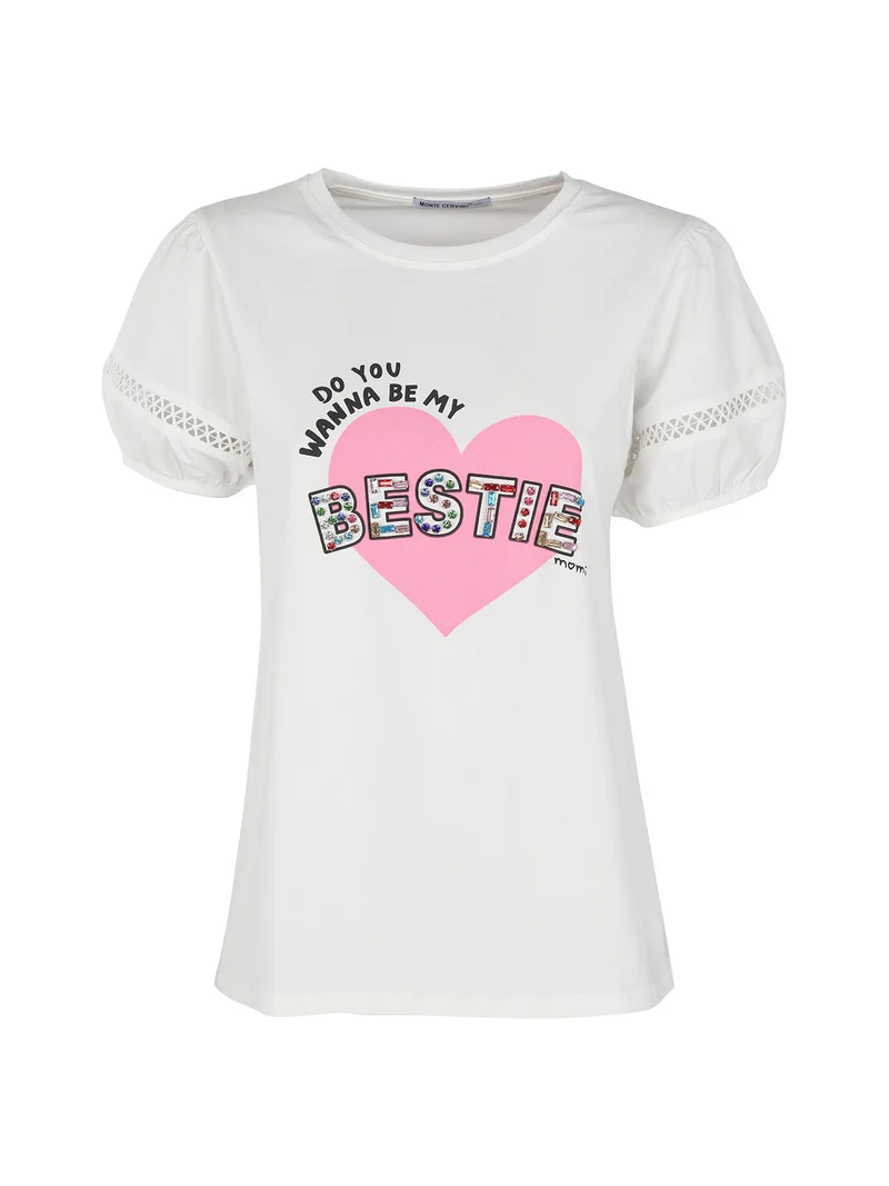 T-shirt donna con stampa cuore e pietre colorate - bianco