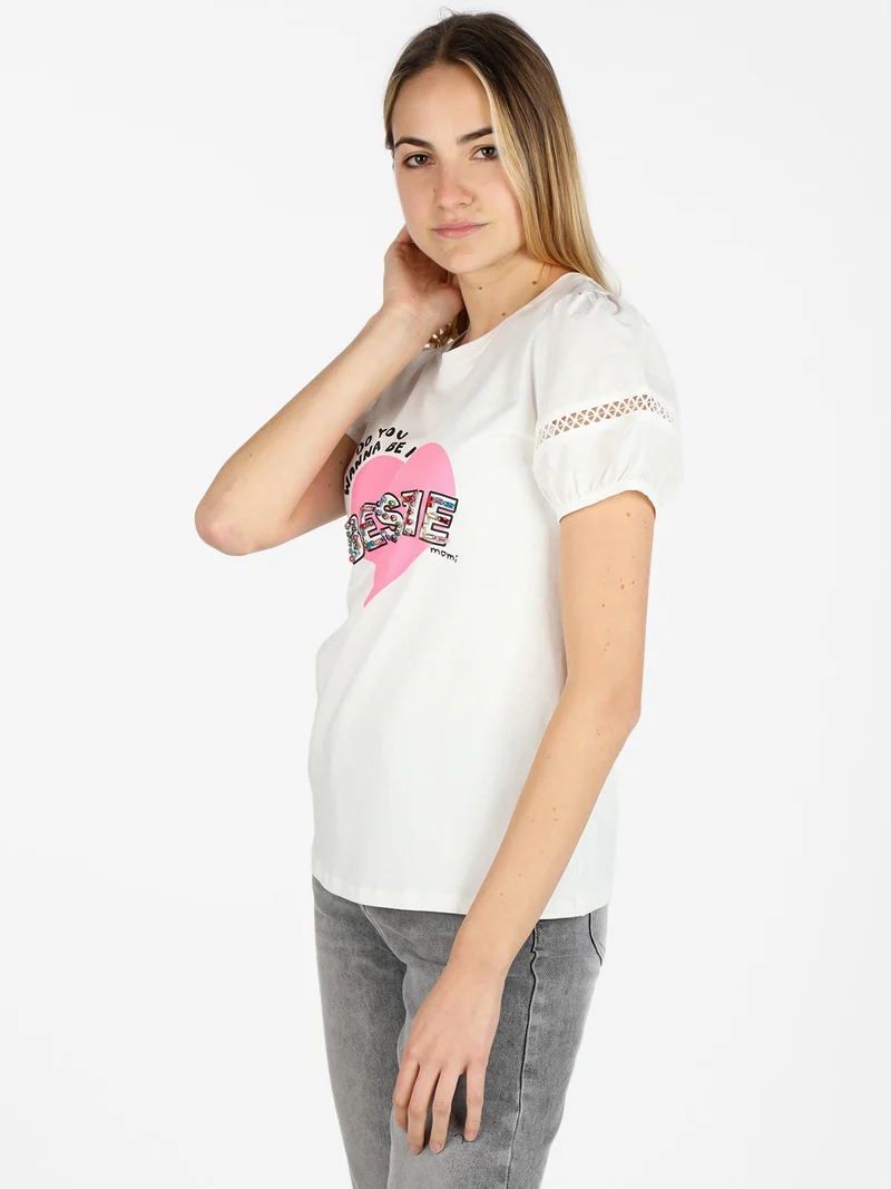 T-shirt donna con stampa cuore e pietre colorate - bianco
