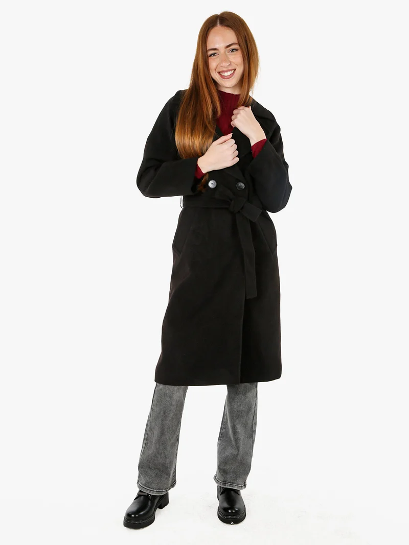 Cappotto lungo da donna a doppiopetto misto lana - nero