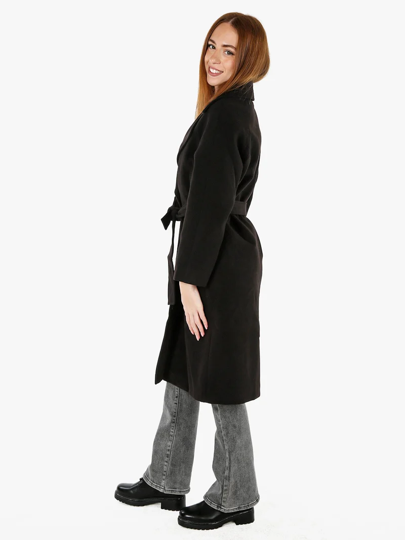 Cappotto lungo da donna a doppiopetto misto lana - nero