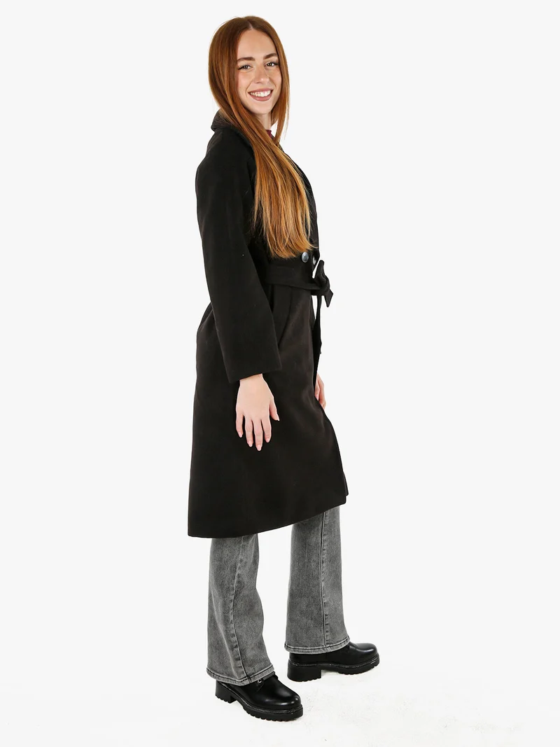 Cappotto lungo da donna a doppiopetto misto lana - nero
