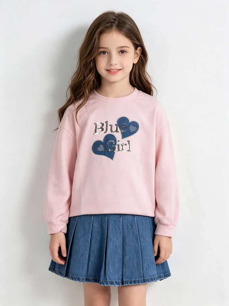 Completo 2 pezzi da bambina con felpa oversize e gonna in jeans - rosa