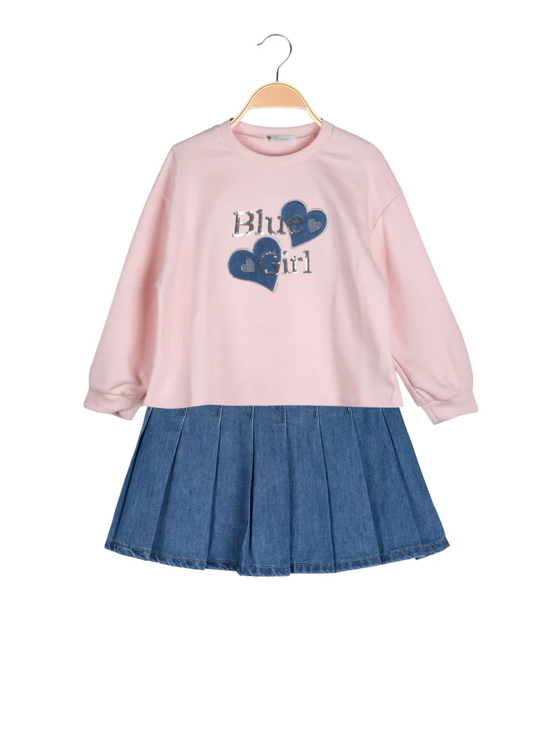Completo 2 pezzi da bambina con felpa oversize e gonna in jeans - rosa