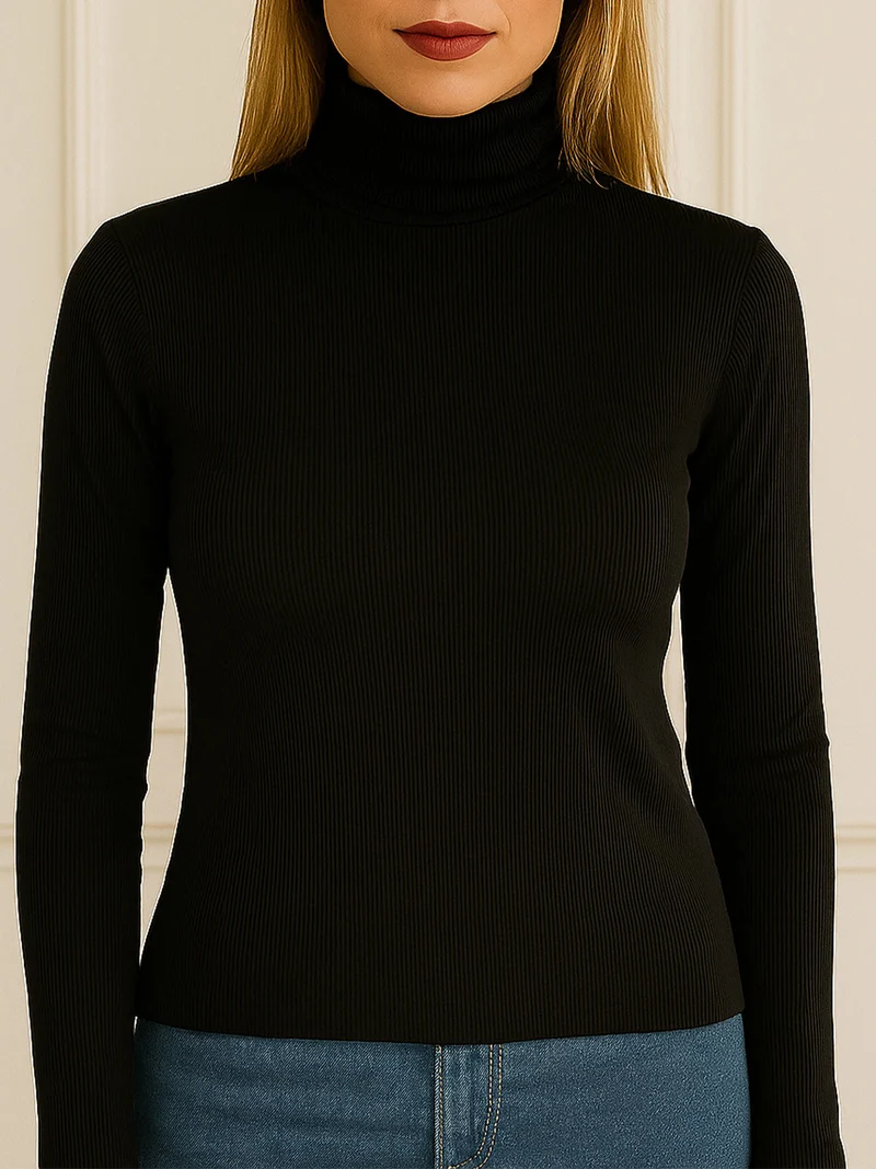 P0736M Dolcevita donna a costine in cashmere - nero