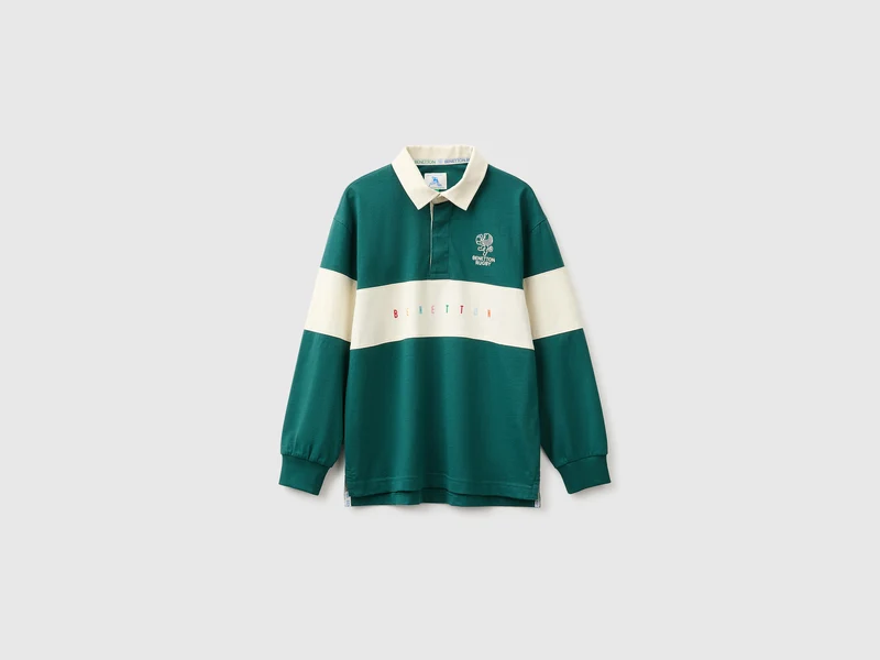 Dunkelgrünes Benetton Rugby-Poloshirt aus Bio-Baumwolle