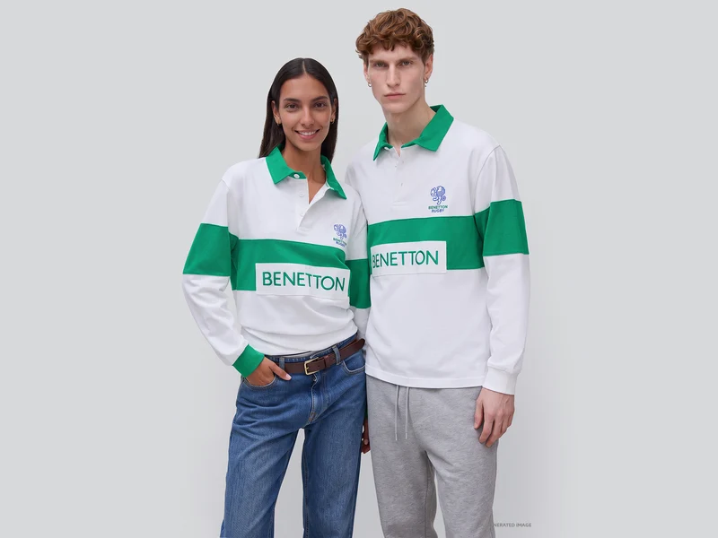 Weißes und grünes Benetton Rugby-Poloshirt, 100 % Baumwolle