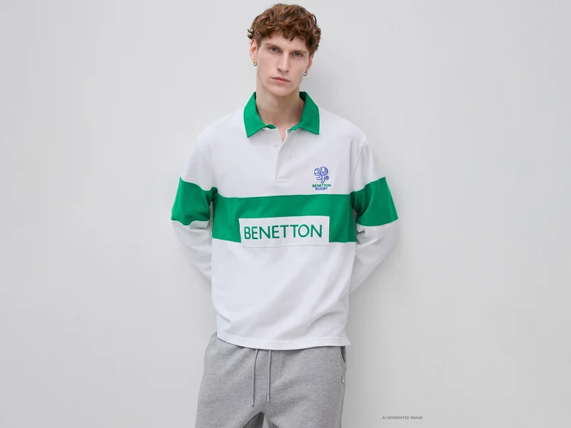 Weißes und grünes Benetton Rugby-Poloshirt, 100 % Baumwolle
