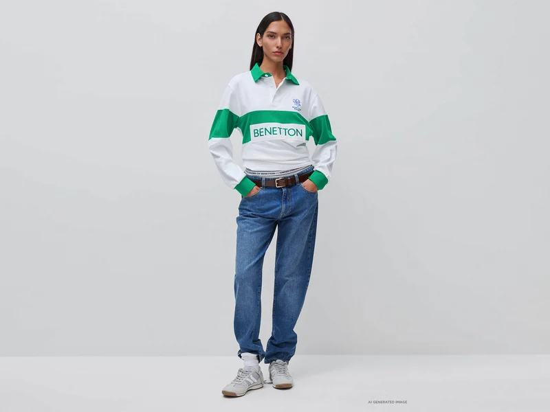 Weißes und grünes Benetton Rugby-Poloshirt, 100 % Baumwolle