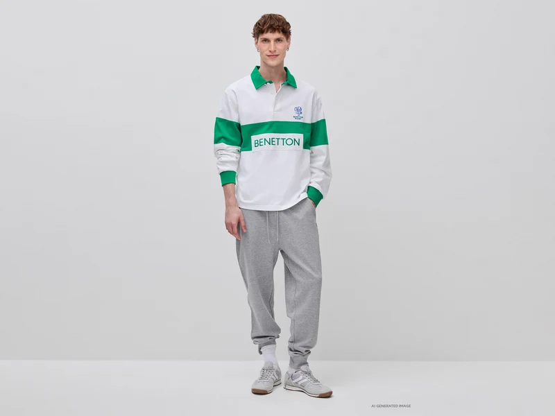 Weißes und grünes Benetton Rugby-Poloshirt, 100 % Baumwolle