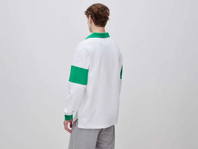Weißes und grünes Benetton Rugby-Poloshirt, 100 % Baumwolle