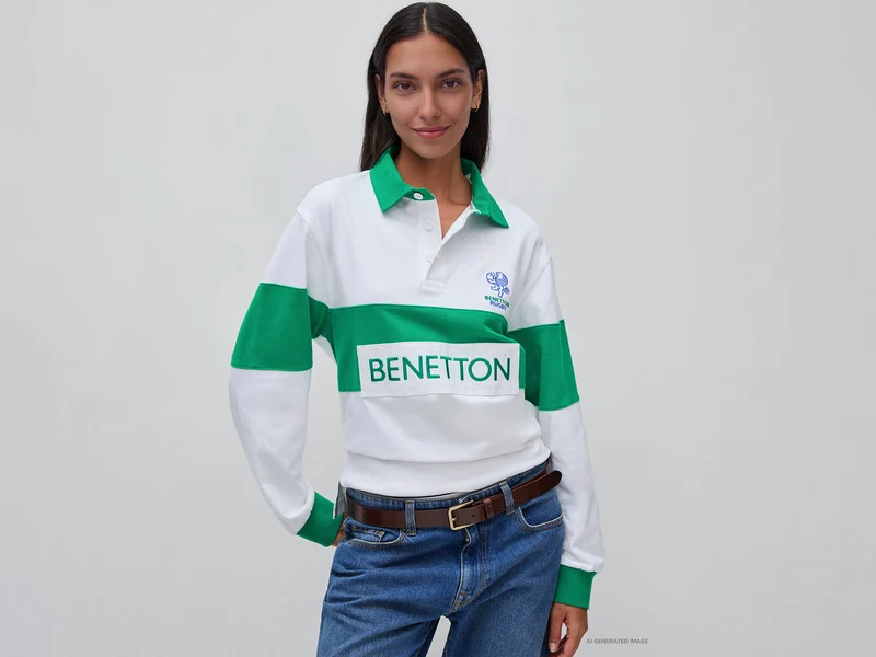Weißes und grünes Benetton Rugby-Poloshirt, 100 % Baumwolle